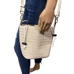 La Terre Summer Straw Bucket Bag with Drawstring Closure Vegan Leather Handle